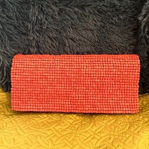 🧡Sigrid Olsen Orange Leather and Wood Beaded Clutch